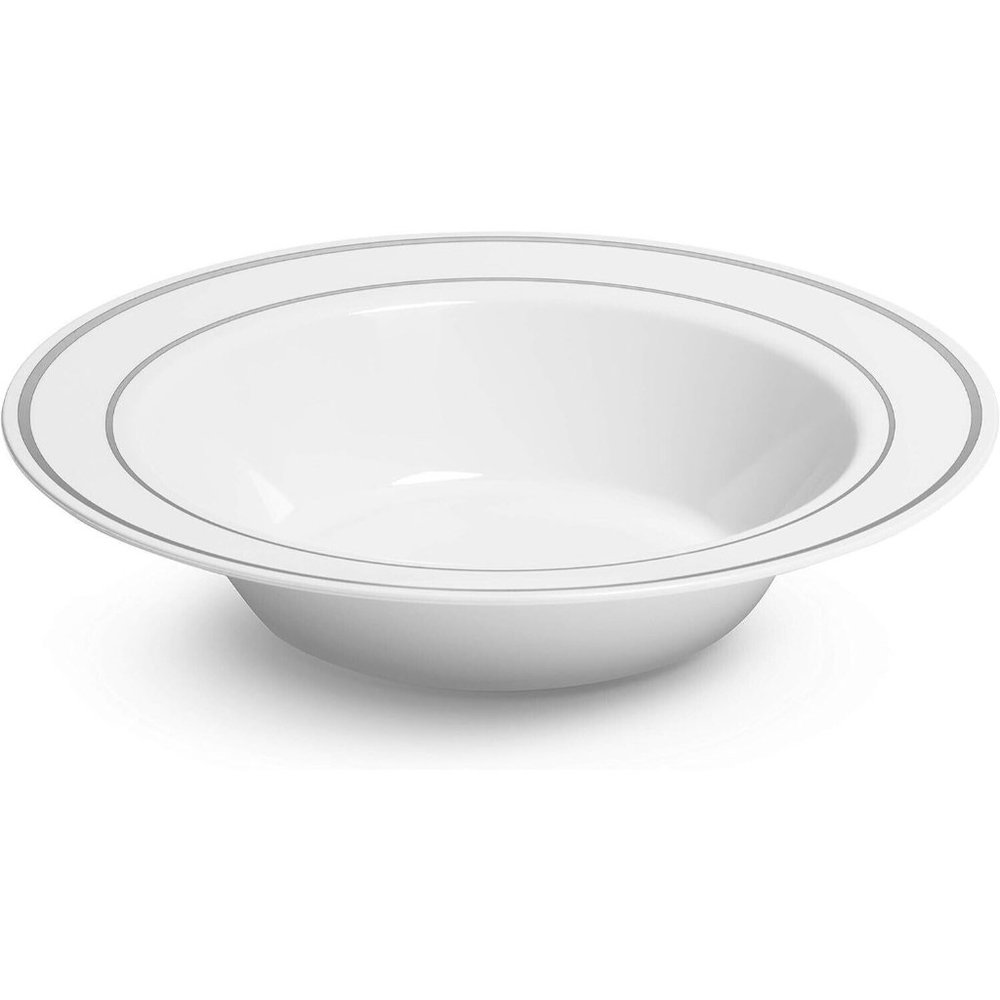 Silver Rimmed White Bowls 12 Ounce 50 Count Hard Plastic Disposable Or R…